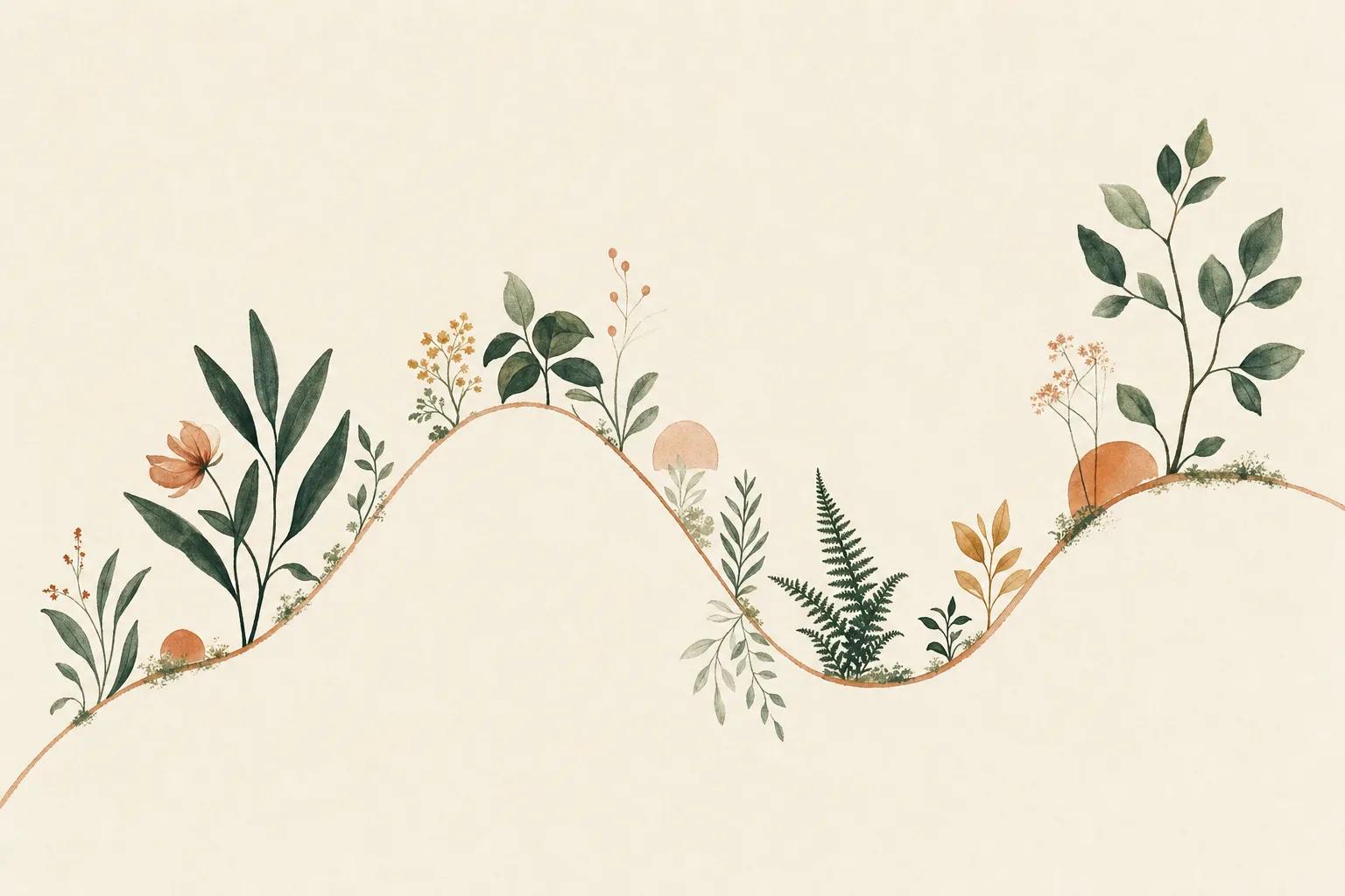 Illustration of a soft rising and falling line with plants growing along it