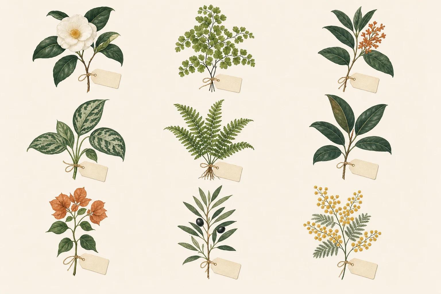 A grid of botanical specimens, each with a small blank paper tag tied to its stem