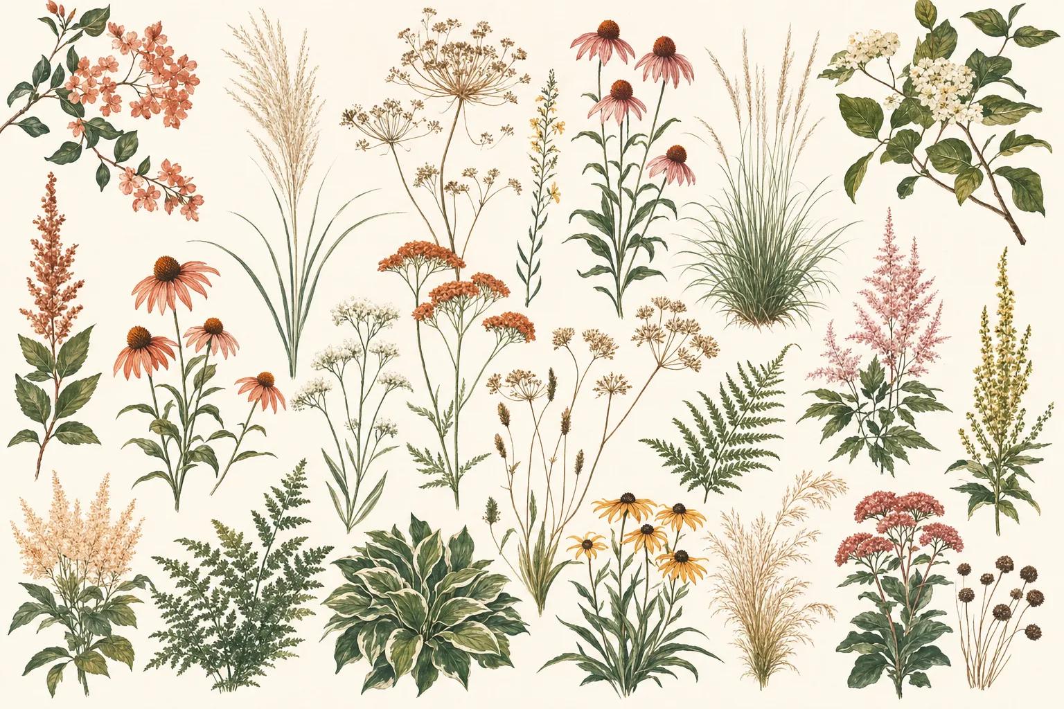 Illustration of many different plants spread across cream paper