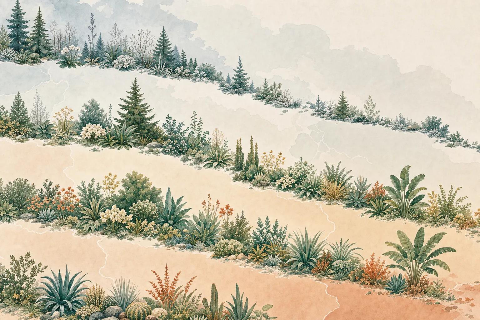 Illustration of a garden border shifting across a cool-to-warm climate gradient