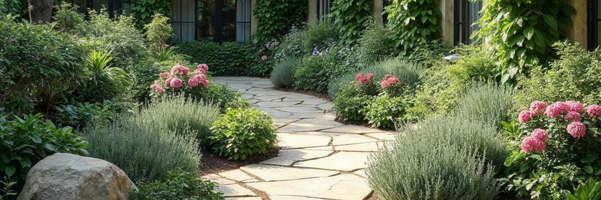 A perennial garden with hydrangeas, lavender, layered foliage, and a stone path