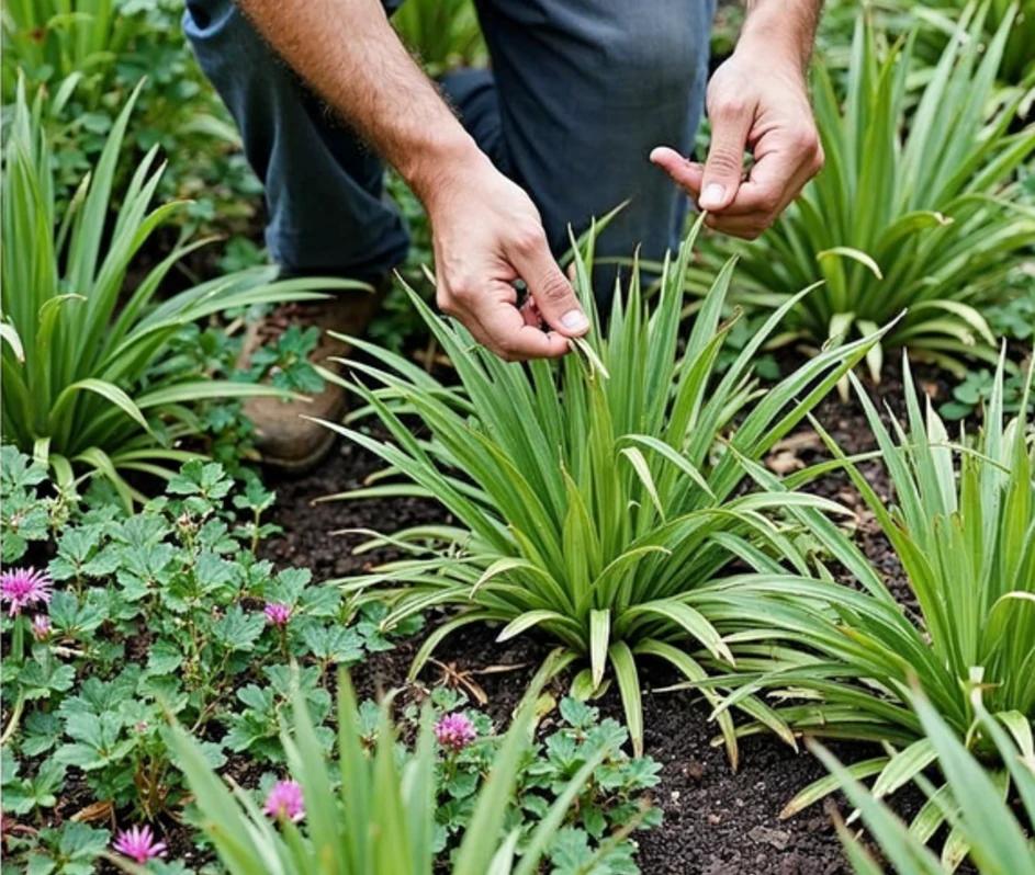 A gardener selectively editing and tending an established perennial planting