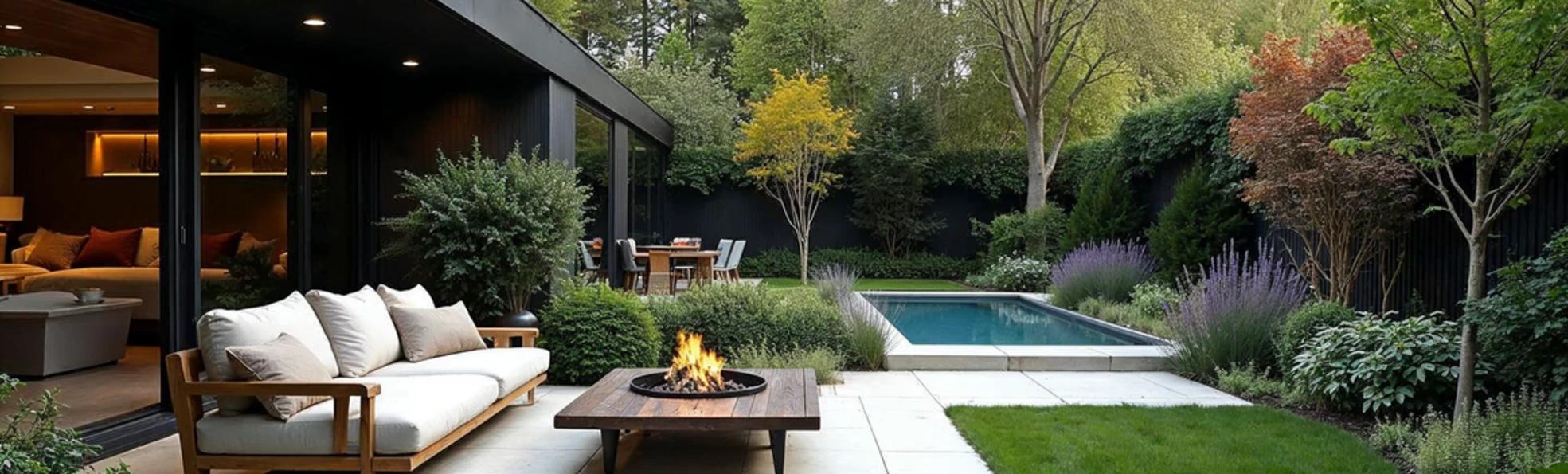 A functional modern garden with a patio, fire table, pool, trees, shrubs, and perennial planting