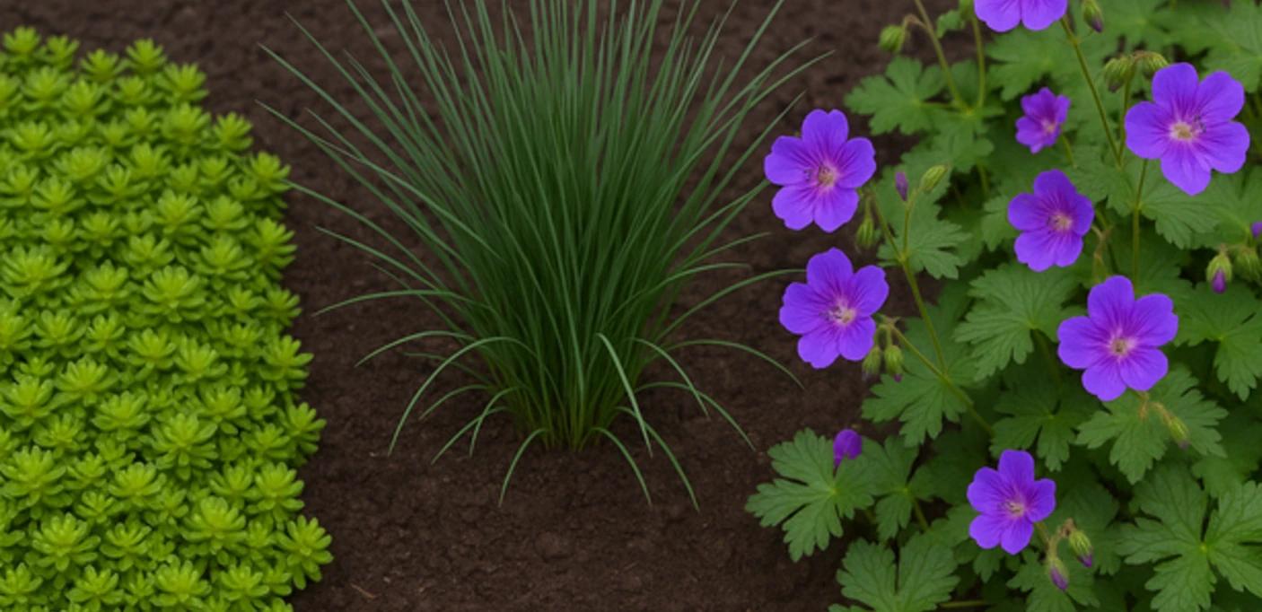 Three plant growth habits: a spreading groundcover, a clumping grass, and a flowering spreader