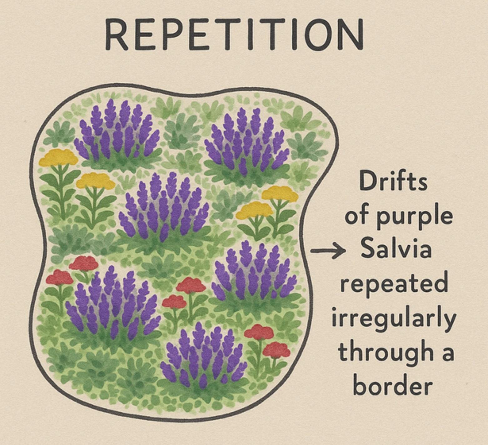 Garden plan diagram showing drifts of purple Salvia repeated irregularly through a border