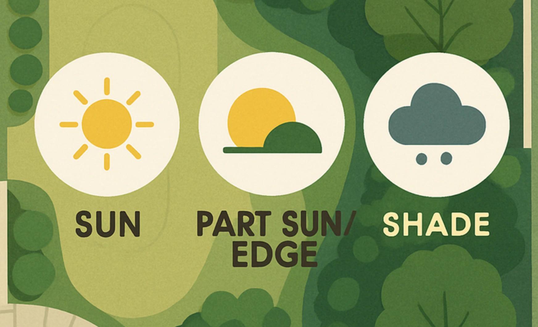 Diagram comparing sun, part sun or woodland edge, and shade conditions