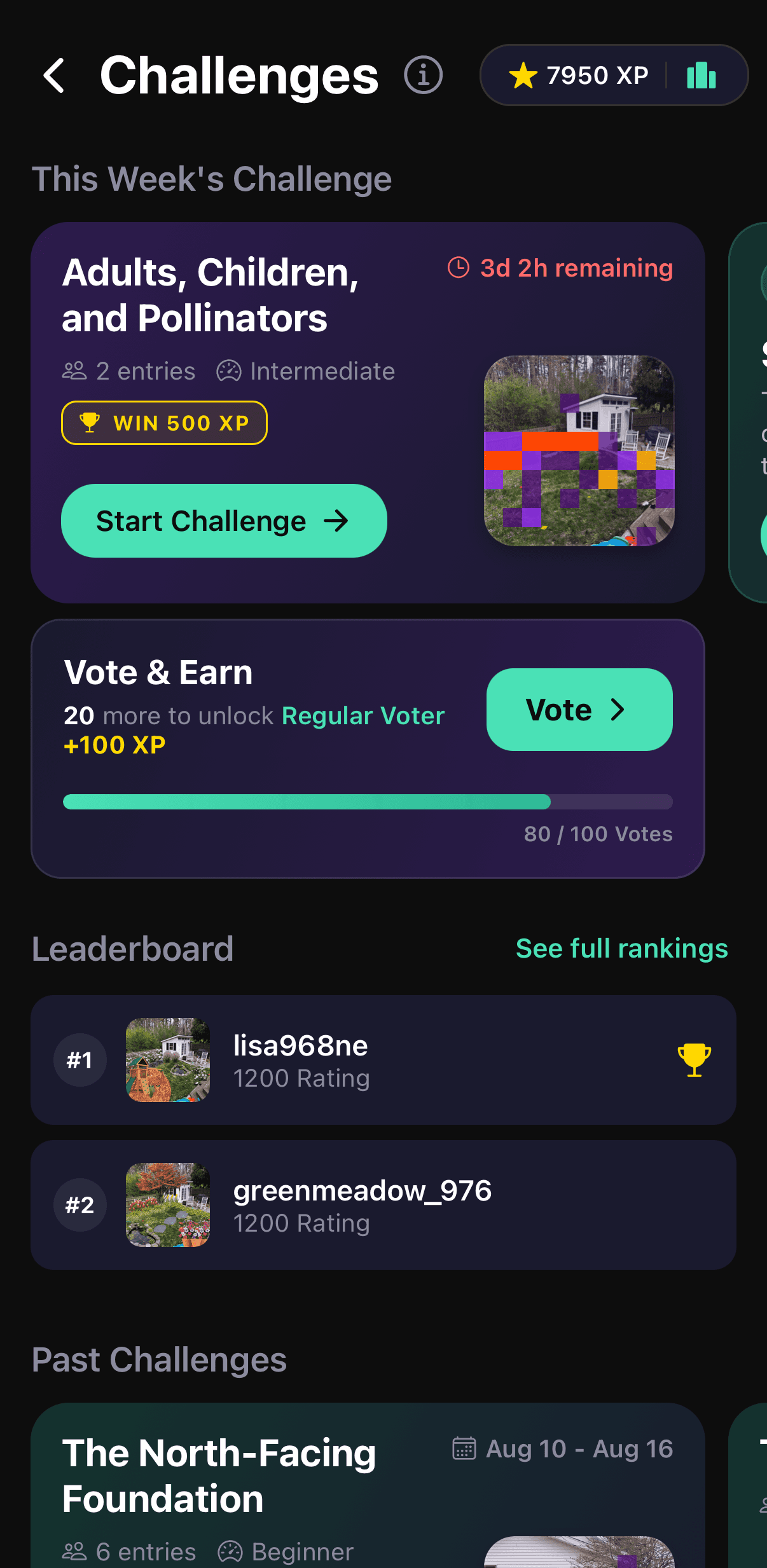 The Sow challenges screen with this week’s challenge, an XP total and a leaderboard.