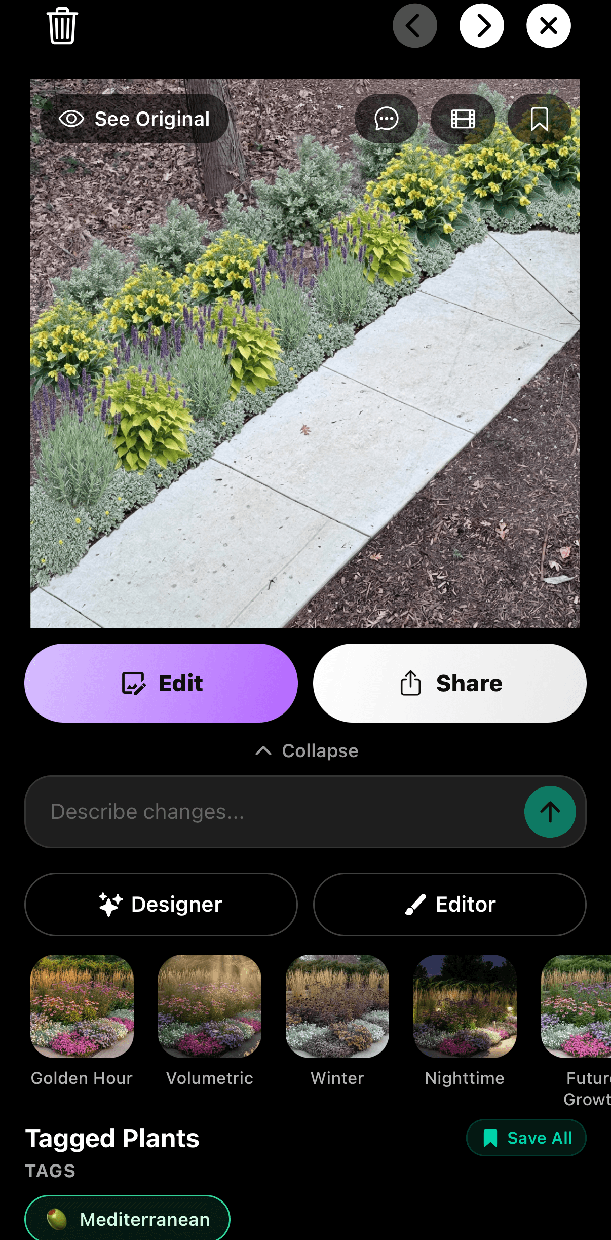 A completed Sow garden design of a planted path edge, with Edit and Share actions, alternative style variants and a tagged plant list beneath it.