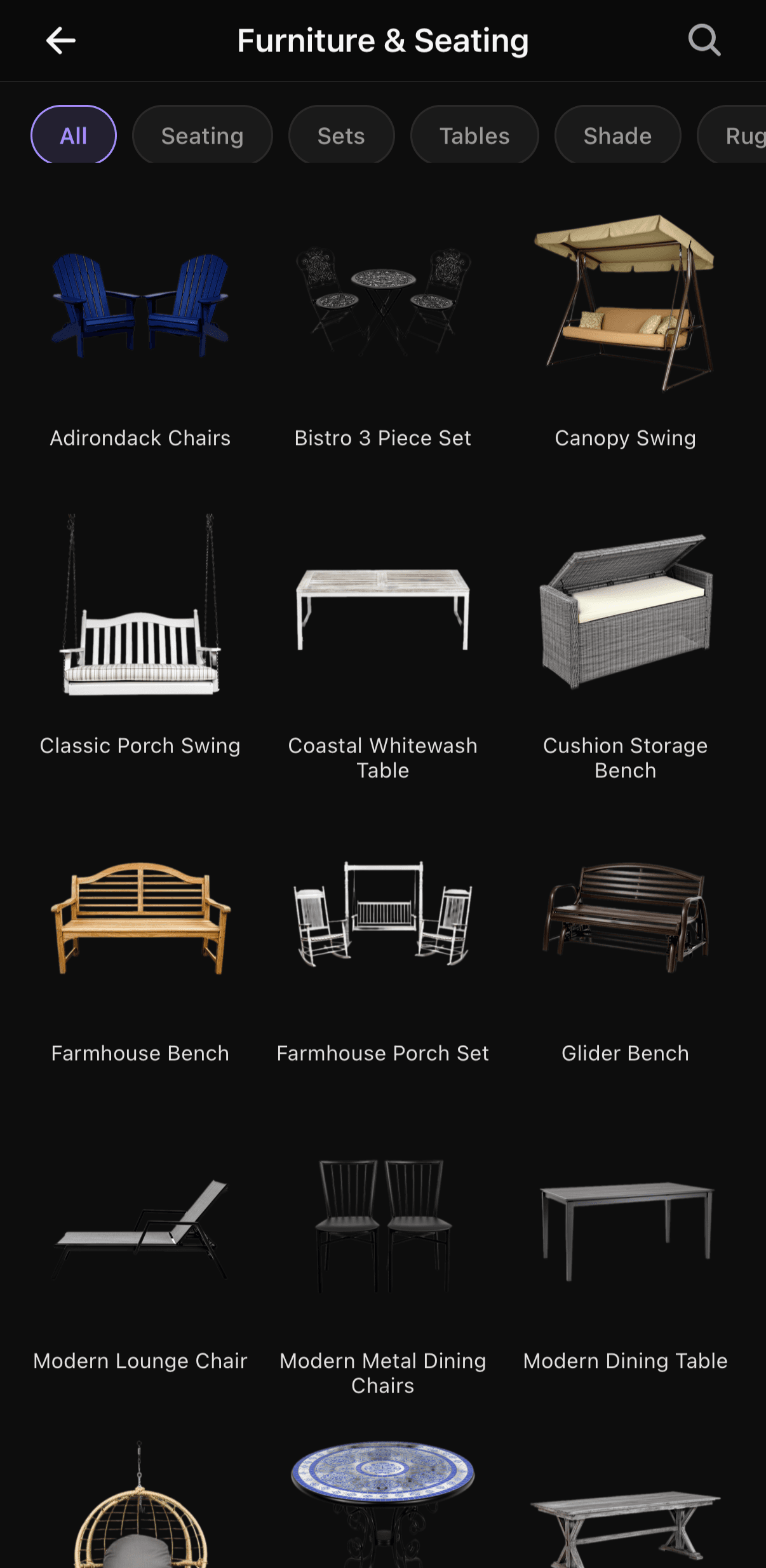 The Sow editor’s Furniture and Seating catalog, showing chairs, swings, benches and dining tables.