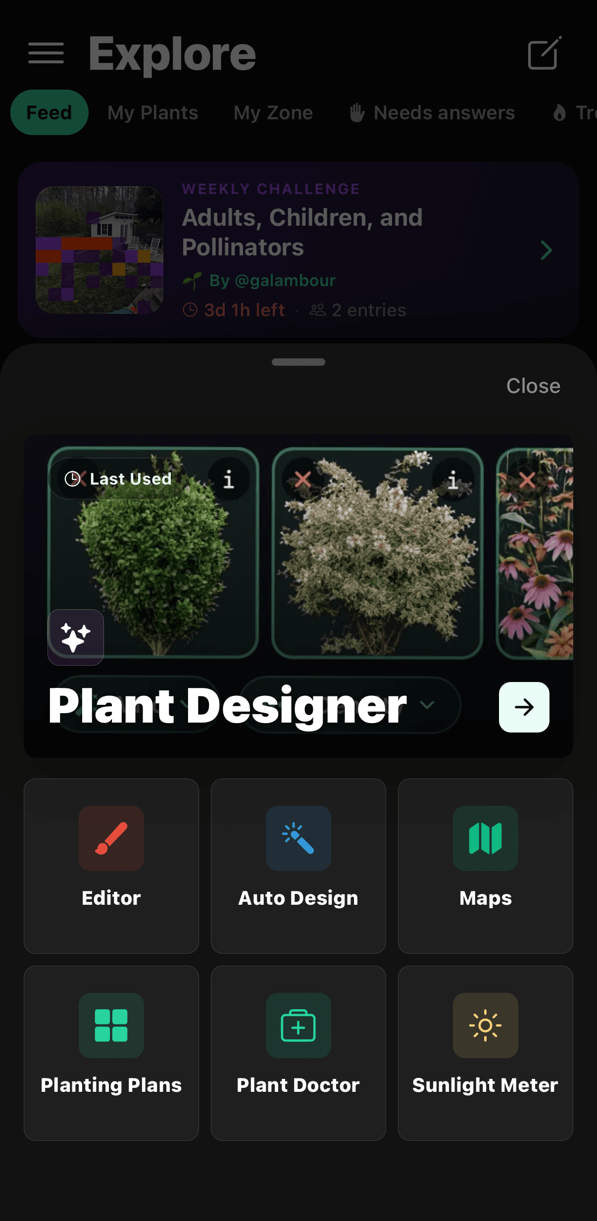 The Sow create menu showing Plant Designer, Editor, Auto Design, Maps, Planting Plans, Plant Doctor and Sunlight Meter.