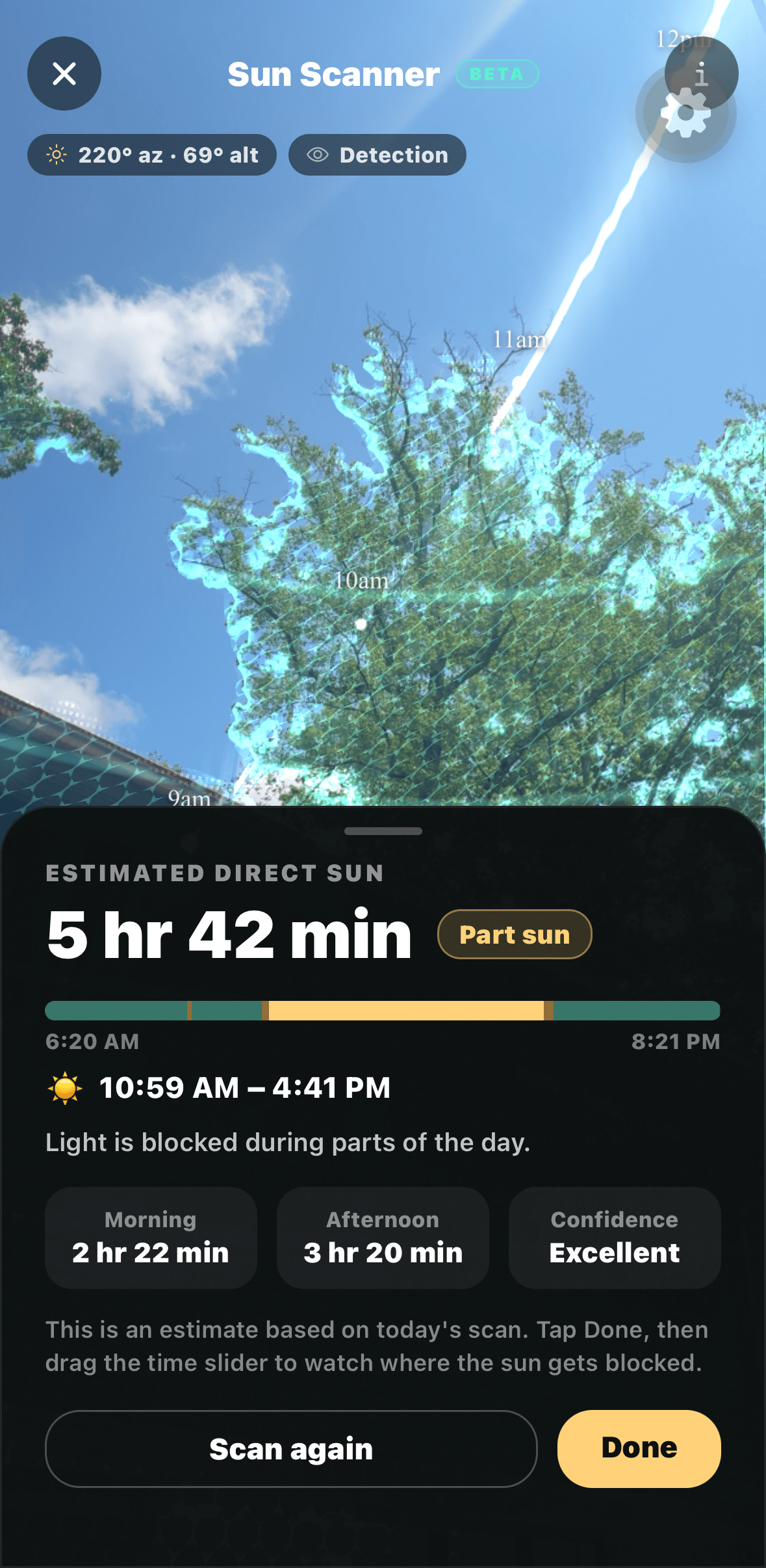 Sow’s AR Sun Scanner estimating 5 hours 42 minutes of direct sun on a spot in a yard.