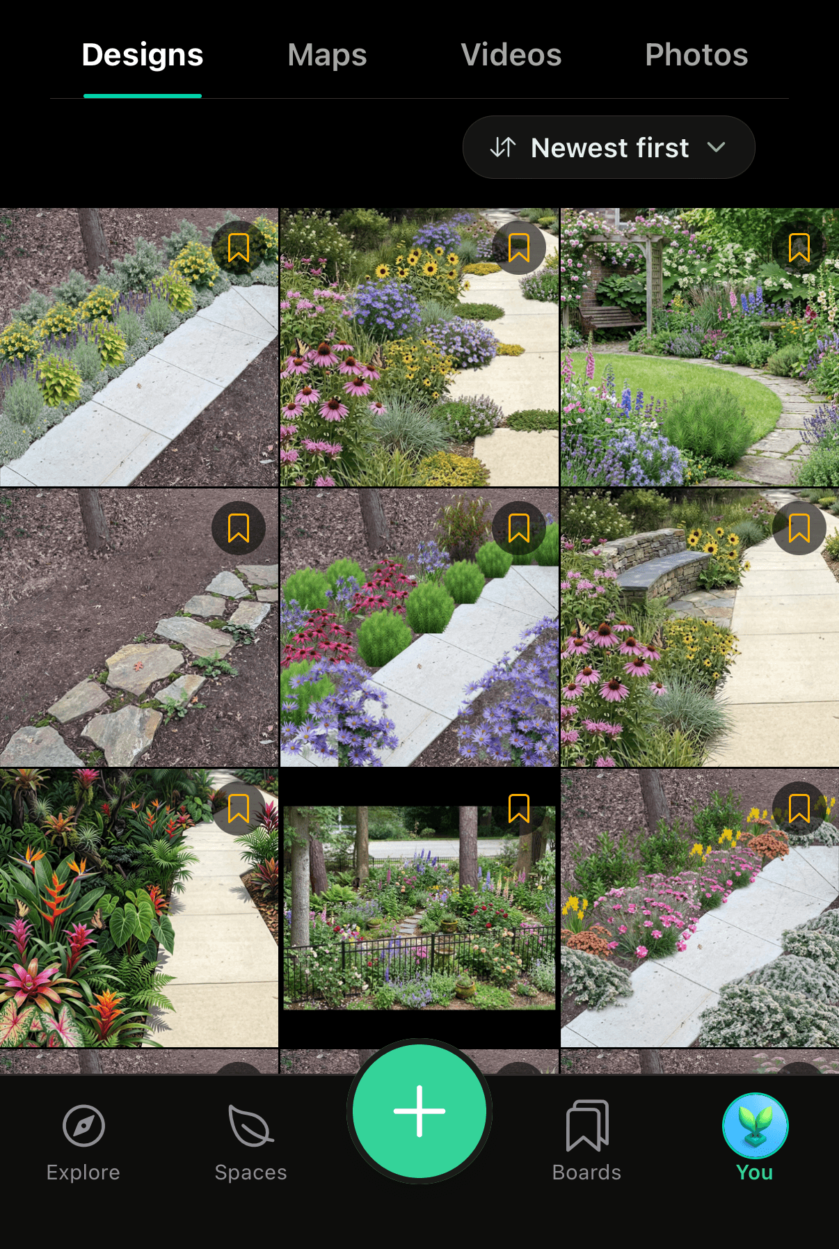 A grid of nine finished garden designs in a Sow user’s profile.