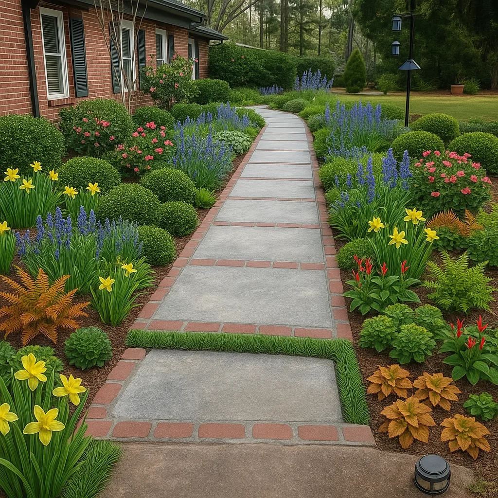 A generated front garden beside a brick house: the porch is gone, the walkway runs straight back to a lawn, and a strip of grass crosses the path
