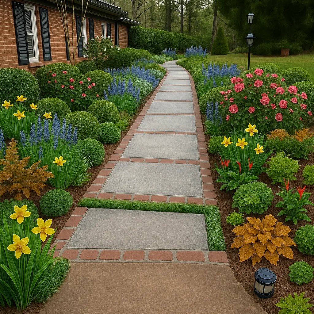 The generated front garden redrawn after a request to move one camellia, with the walkway, lamp post and most plants changed