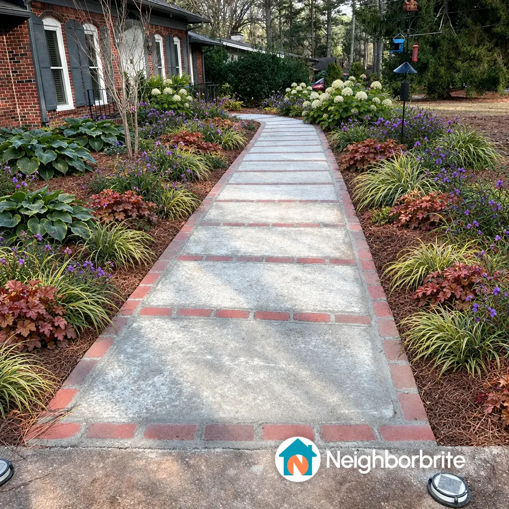 Neighborbrite cottage-style redesign of the front walkway with hydrangeas, hostas, coral bells and sedges along both sides, watermark in the corner
