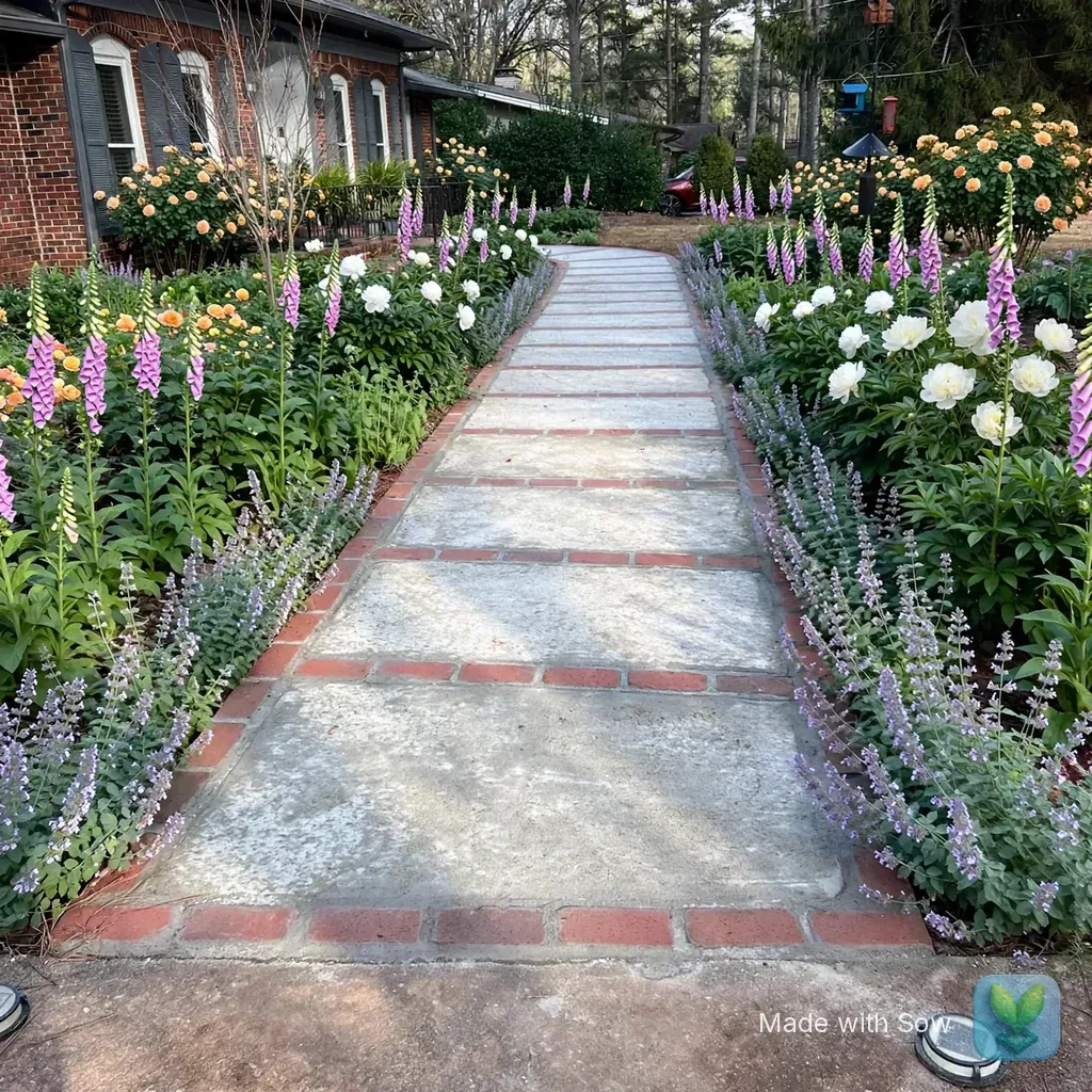 Sow cottage-style redesign of the front walkway with both beds filled: catmint along the path, white peonies, tall pink and lavender foxgloves, and apricot roses toward the house, Made with Sow watermark
