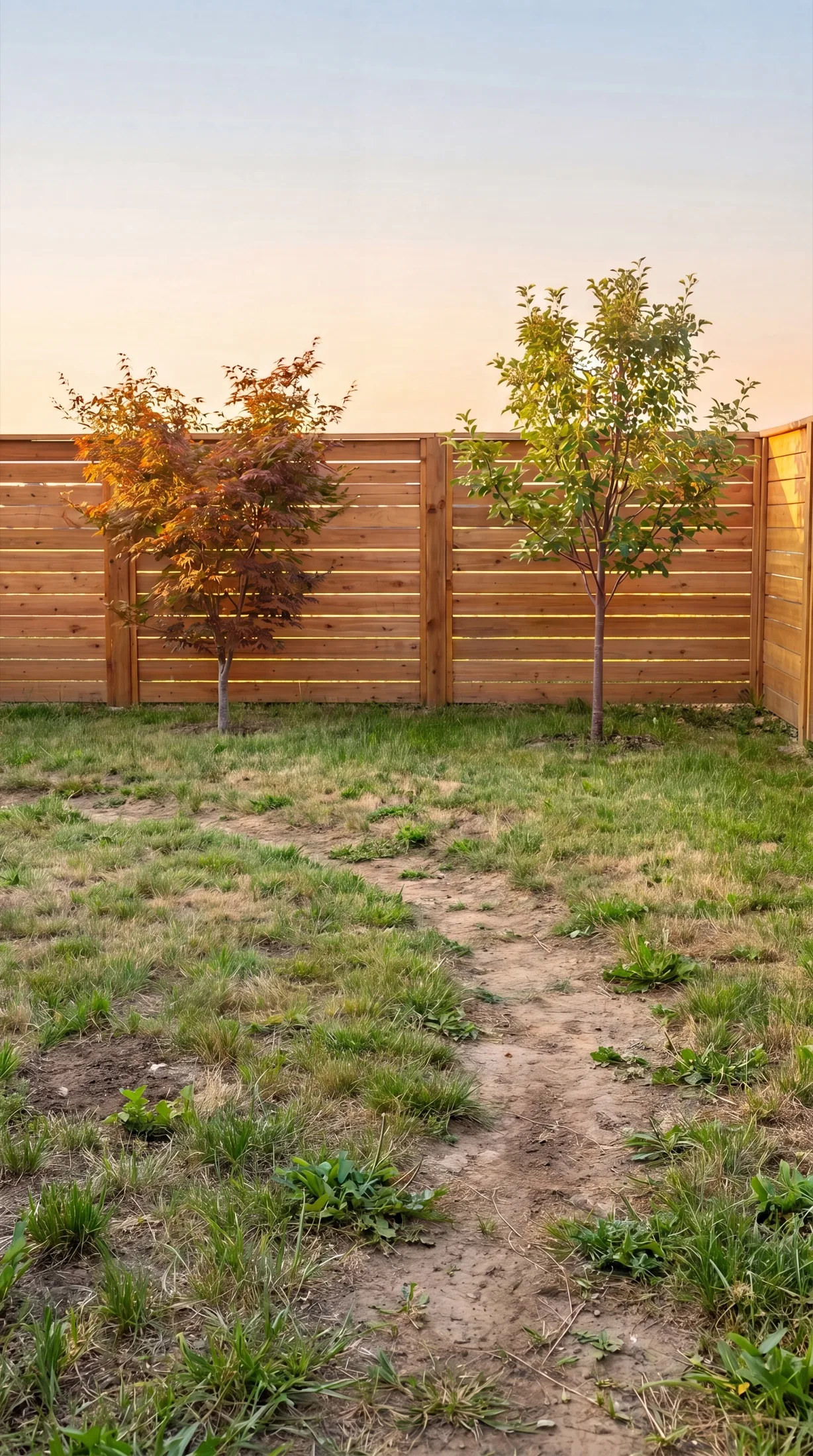 A fenced backyard with patchy lawn, a dirt path, and two young trees against a wooden fence